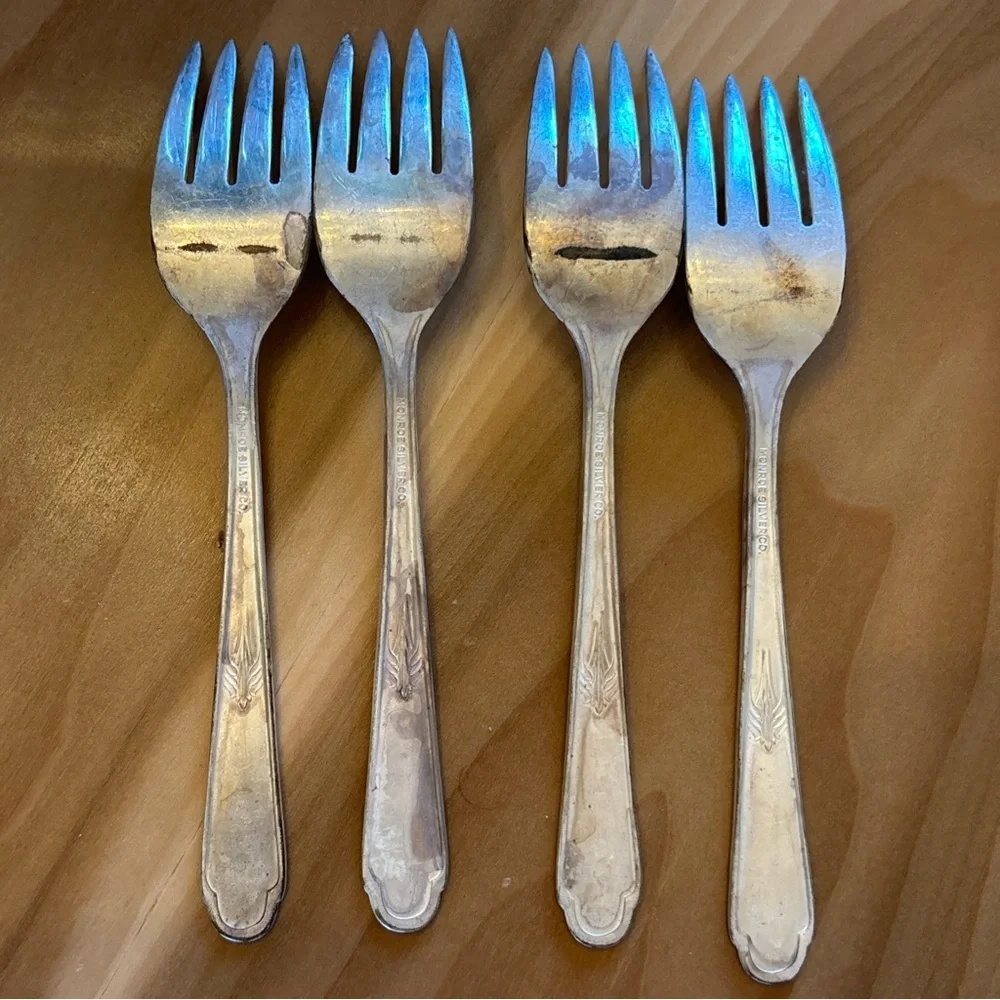 4 Salad Forks Monroe Silver Co Brandon Plume Silver Plate Antique